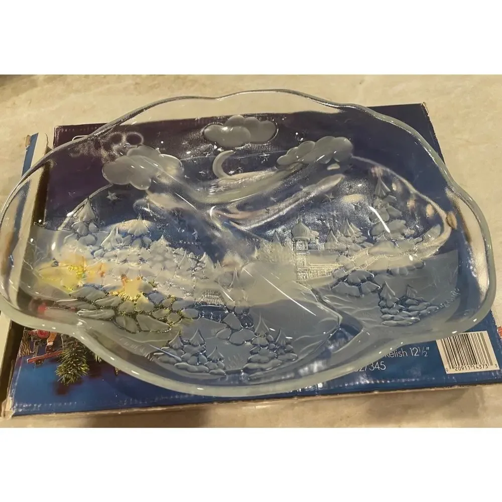 Winterland Crytal glass etched Holiday candy tray in box Christmas 12-1/2